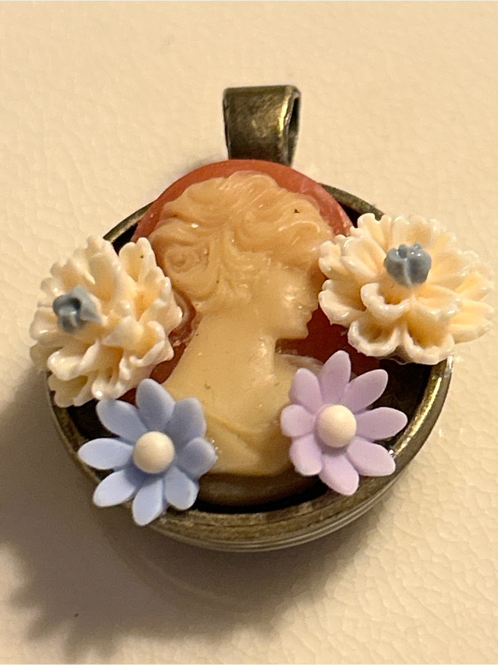 Vintage inspired Cameo Pendant with Floral Accents upcycled glass backing brass